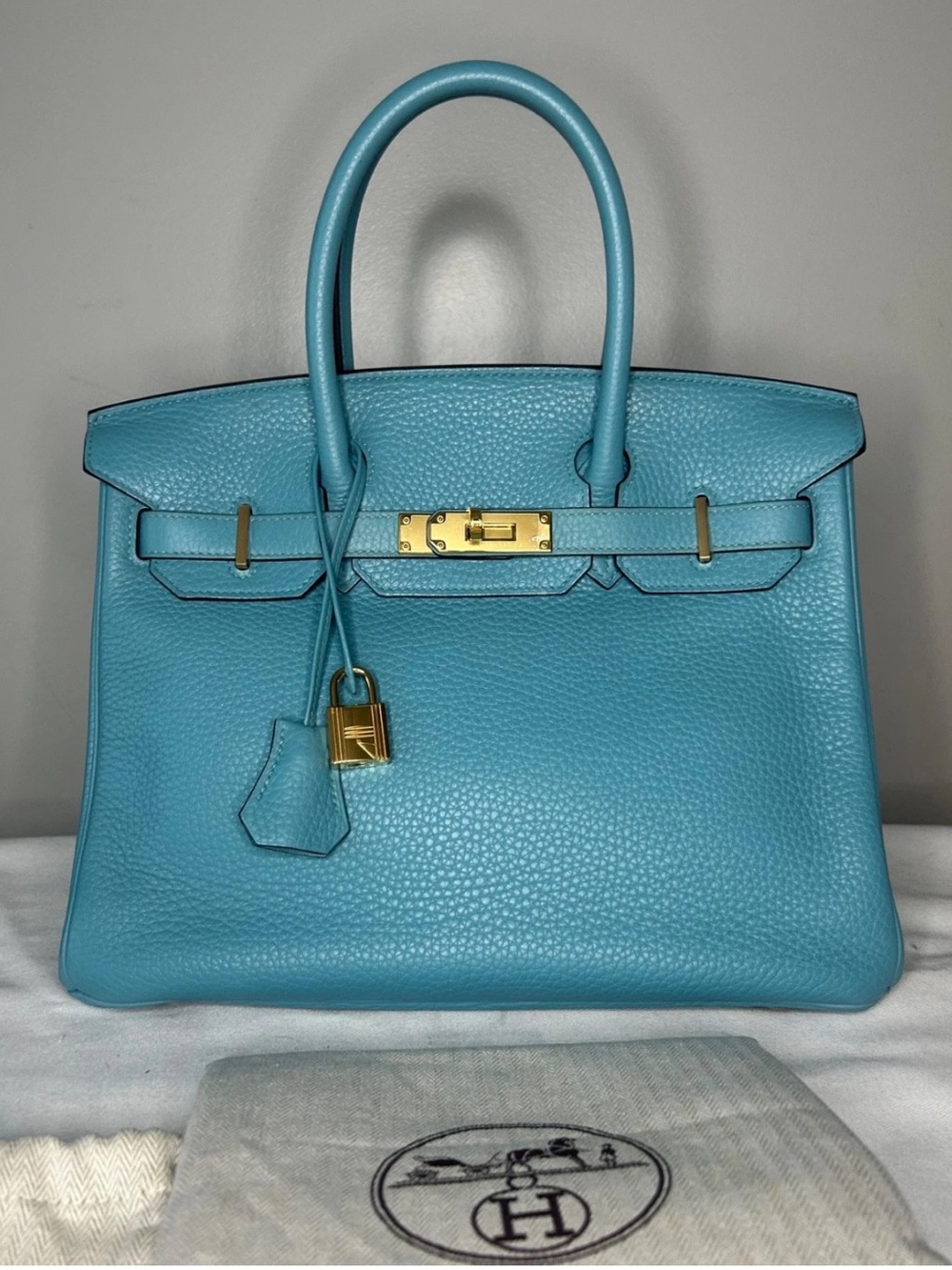 HERMES Birkin 30 Bleu Atoll Clemence Leather Gold Hardware Handbag